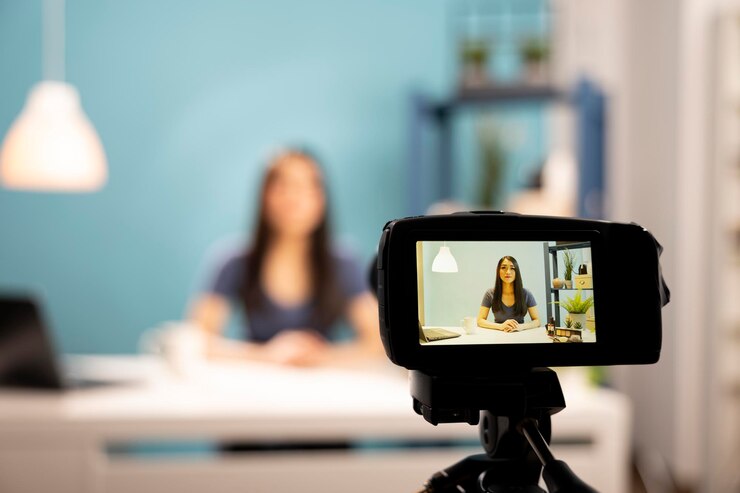 Foto gratuito vlogger usando la cámara para grabar en vivo