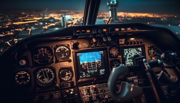 Foto gratuita volando alto al anochecer avión comercial iluminado generado por ia