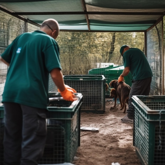 Foto gratuita voluntarios que cuidan a los perros enfermos en la perrera trabajadores que cuidan a los perros que los tratan y los alimentan