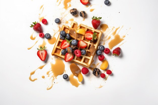 Waffles con helado de salsa de caramelo y bayas frescas sobre fondo blanco Vista superior Flat lay Ai generativo