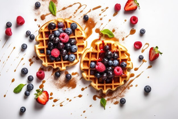 Waffles con helado de salsa de caramelo y bayas frescas sobre fondo blanco Vista superior Flat lay Ai generativo