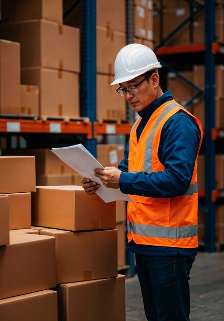 Warehouse worker inspecting inventory documents