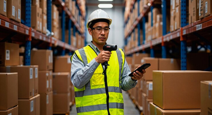 Foto gratuito warehouse worker scanning inventory in a storage facility