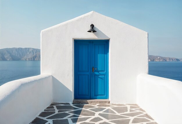 White greek chapel with a blue door overlooking the sea