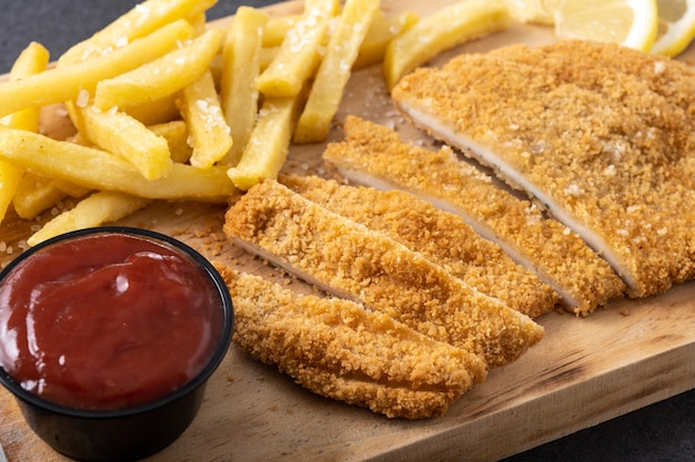 Wiener schnitzel con patatas fritas sobre fondo negro