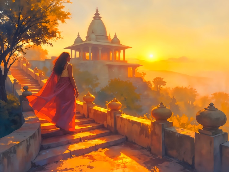 Foto gratuito woman ascending stairs towards a temple at sunset