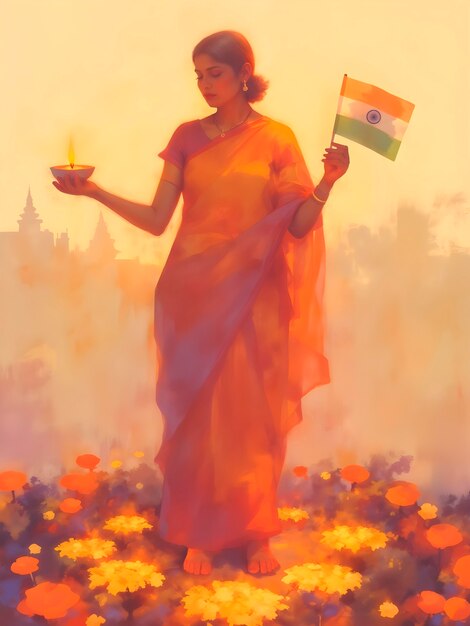 Woman holding the indian flag and diya