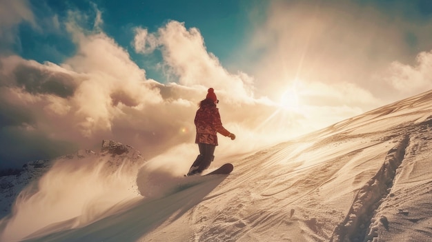 Foto gratuita woman snowboarding in wintertime with dreamy landscape and pastel shades