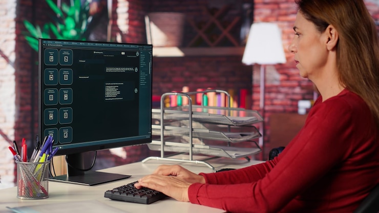Photo Gratis woman typing prompts into an ai powered chat system on her computer