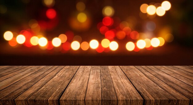 Wooden tabletop with bokeh lights