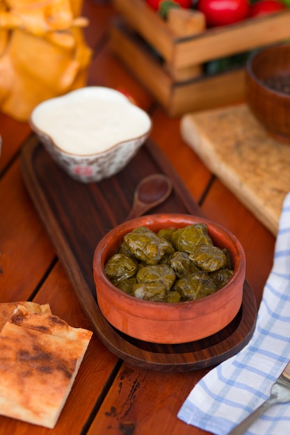 Yarpag dolmasi, yaprak sarmasi, hojas de uva verde rellenas de arroz y carne en un tazón de cerámica con yogur.