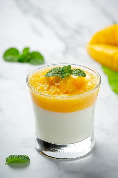 Yogur de mango casero sobre superficie de mármol