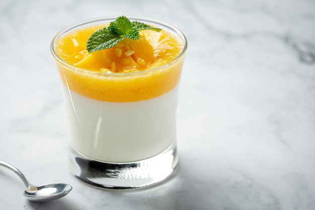 Yogur de mango casero sobre superficie de mármol
