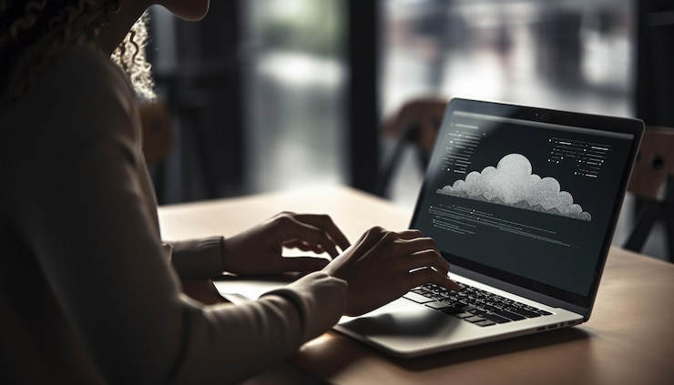 Photo Gratis young businesswoman typing on laptop using wireless connection generated by ai