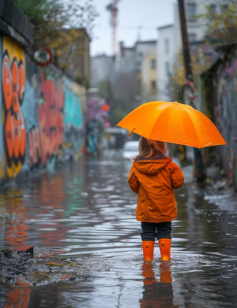 Foto gratuita young child enjoying childhood happiness by playing in the puddle of water after rain