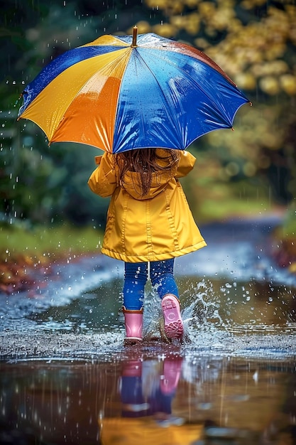 Foto gratuita young child enjoying childhood happiness by playing in the puddle of water after rain