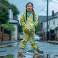 Foto gratuita young child enjoying childhood happiness by playing in the puddle of water after rain