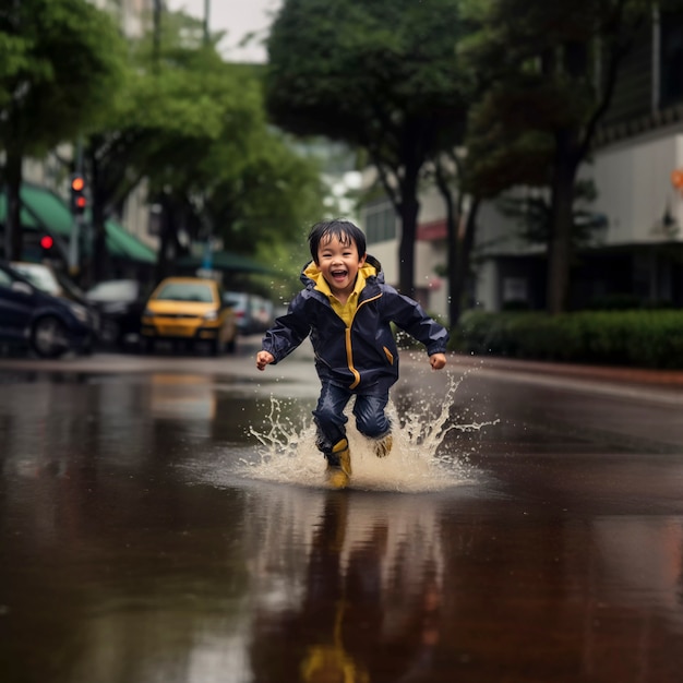 Foto gratuita young child enjoying childhood happiness by playing in the puddle of water after rain