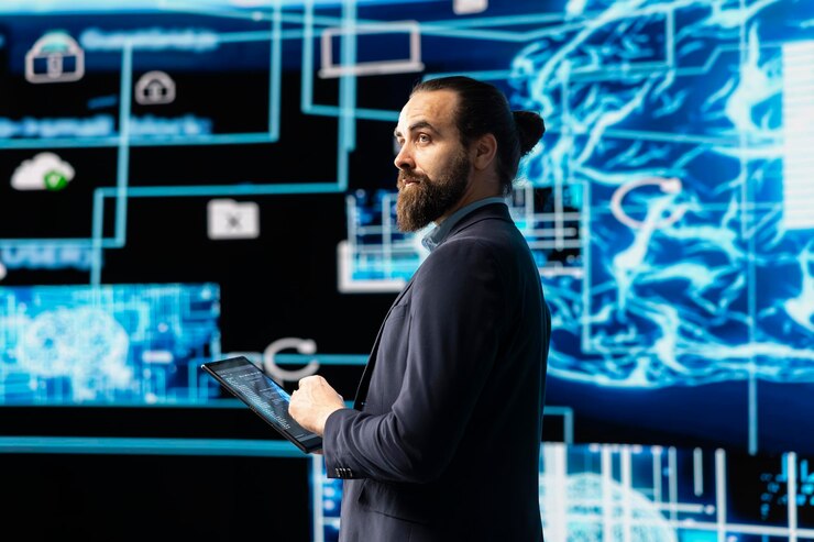 Photo Gratis young entrepreneur works on implementing ai brain system for deep learning