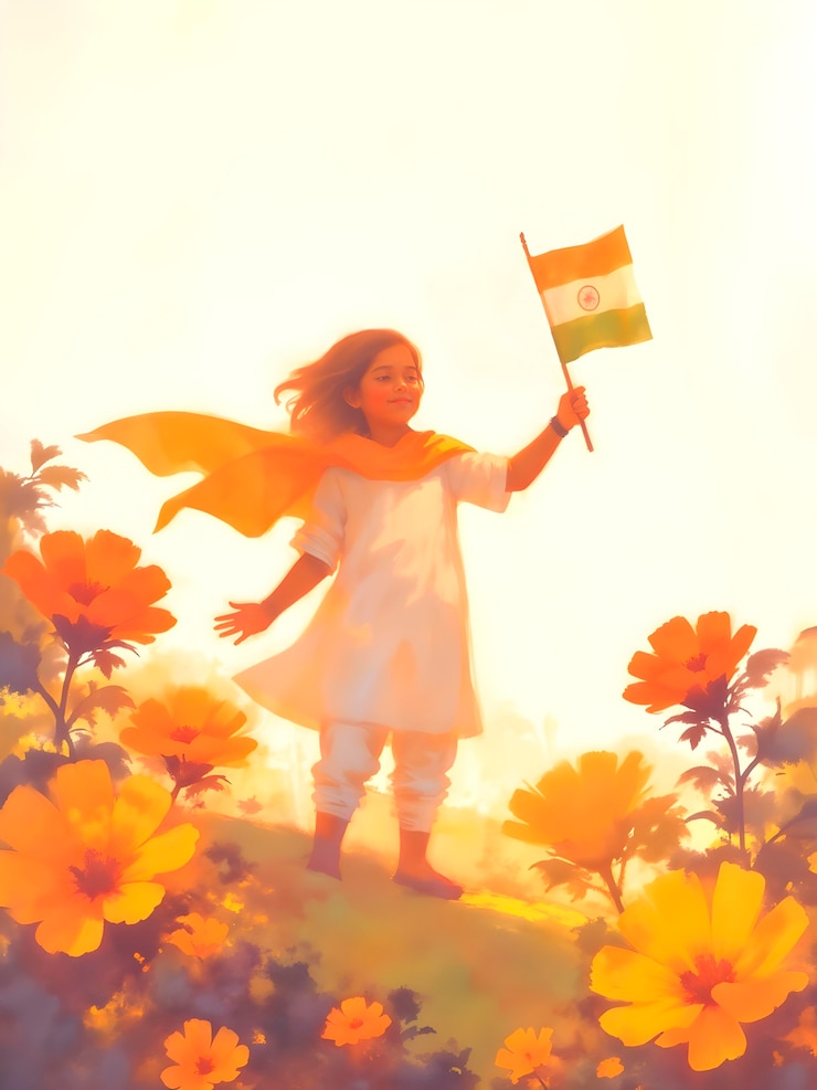 Foto gratuito young girl with indian flag in a field of flowers