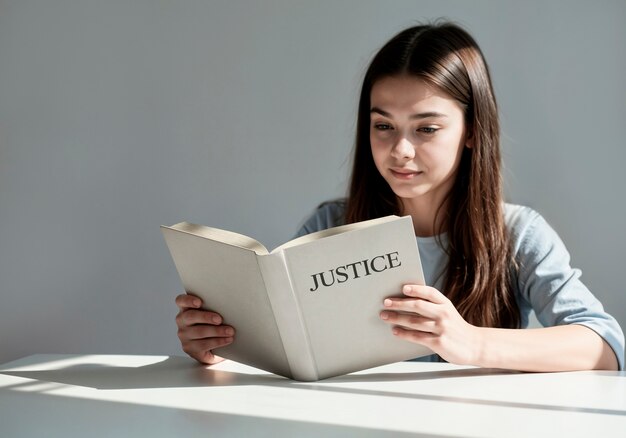 Young woman reading a book about justice