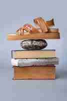 Foto gratuita zapato marrón sobre rocas y libros.