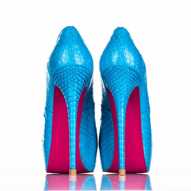 Zapato de tacón de mujer de moda aislado sobre fondo blanco. Zapato de tacones altos mujer azul hermoso. Lujo. Vista trasera de los zapatos de tacones de mujer
