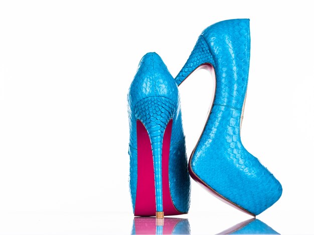 Zapato de tacón de mujer de moda aislado sobre fondo blanco. Zapato de tacones altos mujer azul hermoso. Lujo. Vista trasera de los zapatos de tacones de mujer