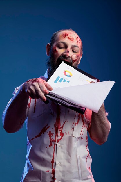 Zombie espeluznante mirando documentos comerciales, analizando notas de papeleo frente a la cámara del estudio. Monstruo de terror no muerto sosteniendo papeles, siendo aterrador y peligroso cerebro comiendo cadáver.