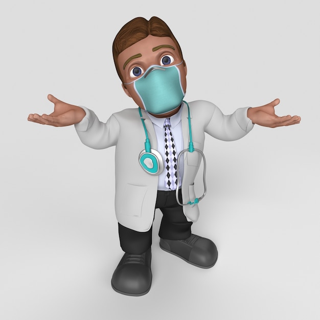 3D Cartoon Doctor Character in maschera facciale