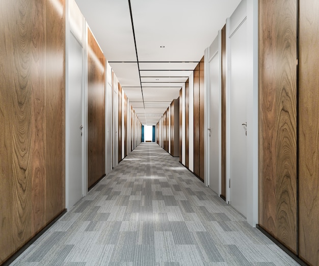 3d che rende il corridoio dell'hotel di lusso moderno in legno e piastrelle