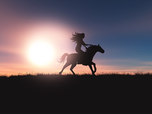 3D femmina in sella al suo cavallo in un paesaggio tramonto