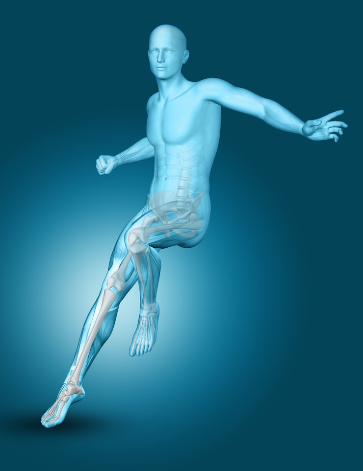 Foto gratuito 3d figura medica maschile che atterra su un piede