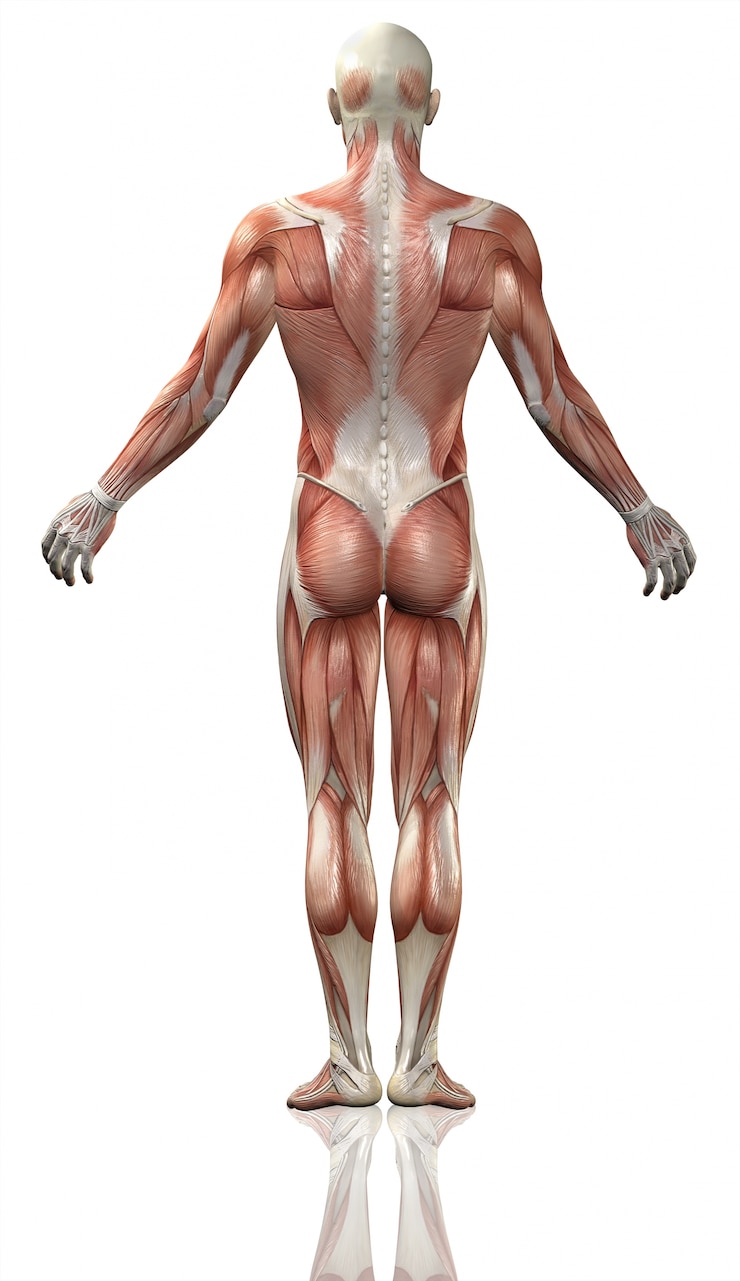 Foto gratuito 3d render della vista posteriore di un uomo medico con la mappa dettagliata del muscolo