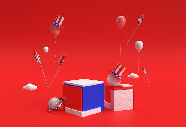 3D Render Scene of Minimal Podium Scene per Display Products Advertising Design 4 luglio USA Independence Day Concept