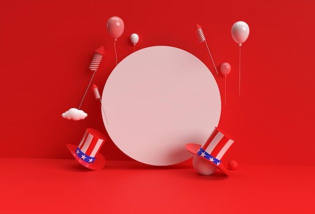 3D Render Scene of Minimal Podium Scene per Display Products Advertising Design 4 luglio USA Independence Day Concept