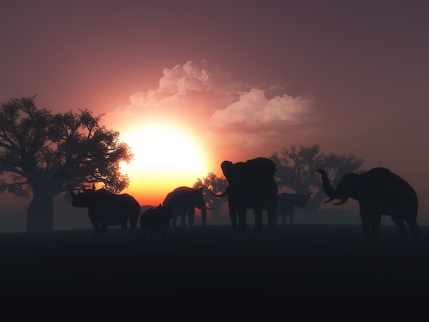 3D rendering di animali selvatici in un paesaggio tramonto