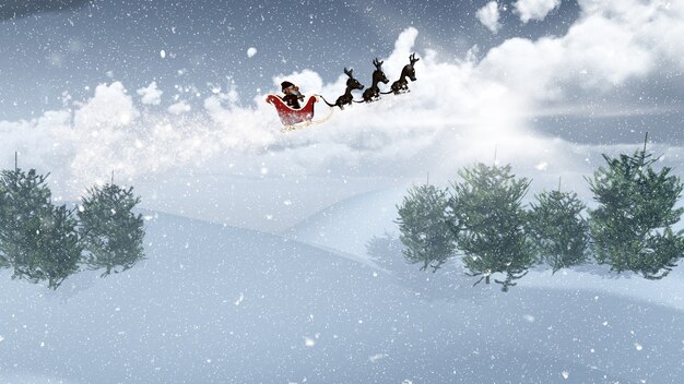 3D rendering di Babbo Natale e la sua slitta volare sopra un paesaggio innevato