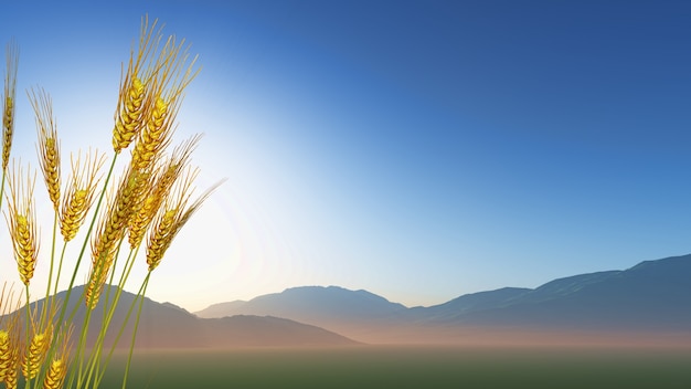 3D rendering di grano con colline in lontananza