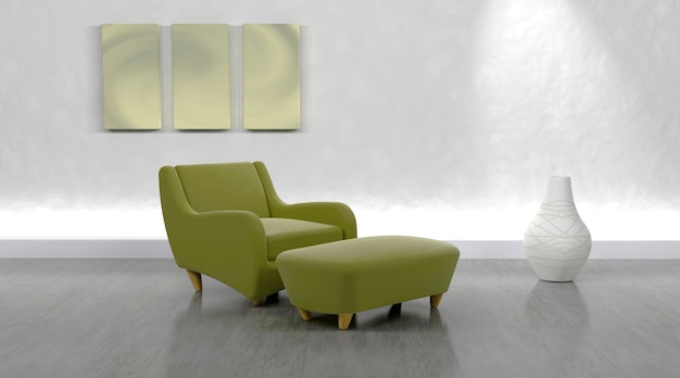 3D rendering di poltrona e pouf contemporanea in ambiente moderno