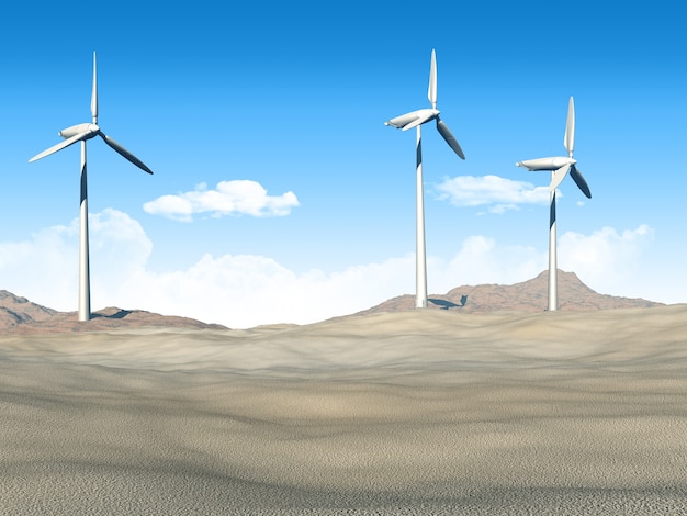 3D rendering di turbine a vento in una scena del deserto