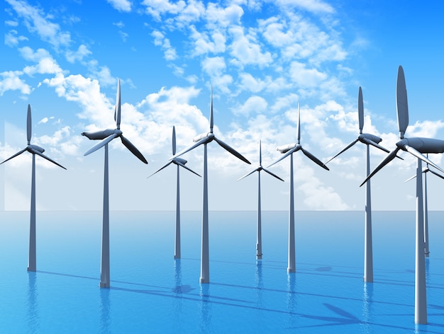 3D rendering di turbine eoliche in mare