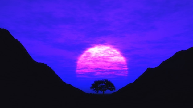 3D rendering di un albero al tramonto