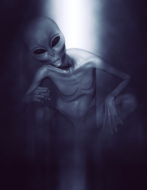 3D rendering di un alieno grigio in posizione rannicchiata in luce d&#39;atmosfera