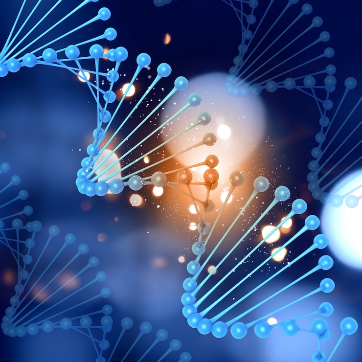 Foto gratuito 3d rendering di un background medico con filamenti di dna