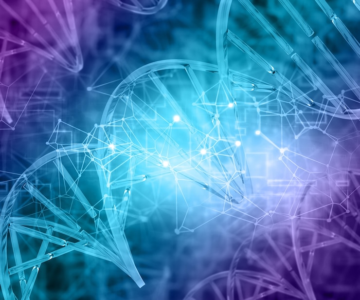 Foto gratuito 3d rendering di un background medico con filamenti di dna