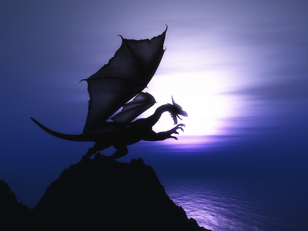 3D rendering di un drago fantasia su una scogliera contro un tramonto sull&#39;oceano