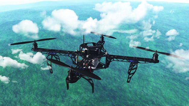 3D rendering di un drone volare sopra le nuvole