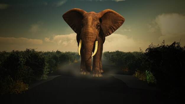 3D rendering di un elefante a piedi nella wildermess verso la telecamera
