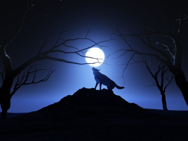 3D rendering di un lupo che ulula alla luna